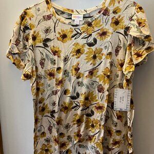 LulaRoe Olive Top w/Flutter Sleeve Size L with Yellow Flowers